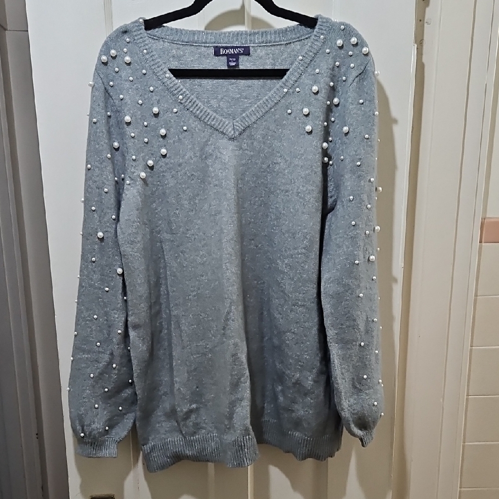 Roaman's Gray V-Neck Sweater with Pearl Details 18/20